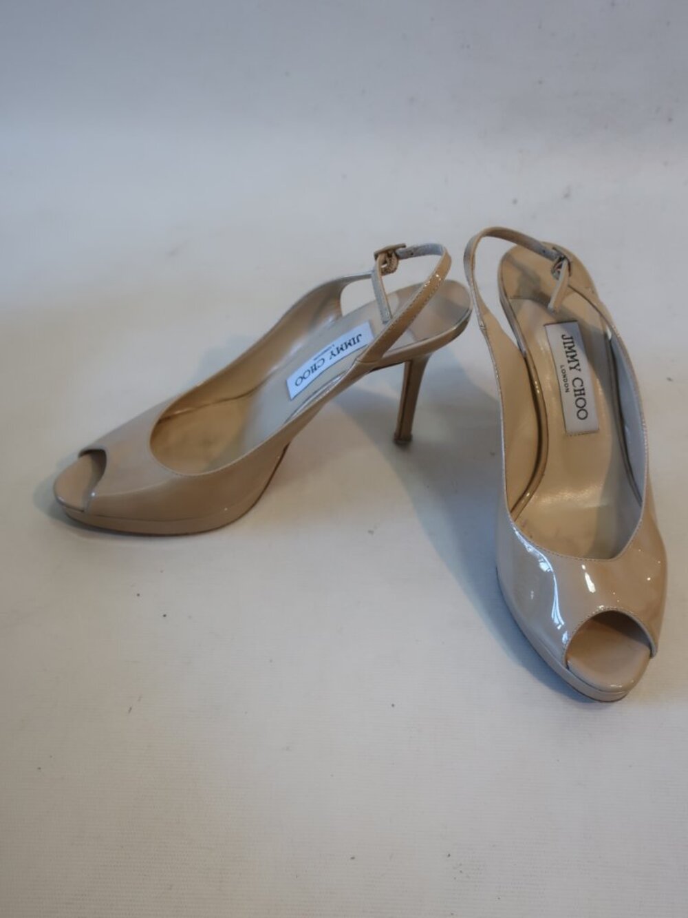 Womens Jimmy Choo London Nude Patent Leather Peep Toe Slingback Heels 38 US/8